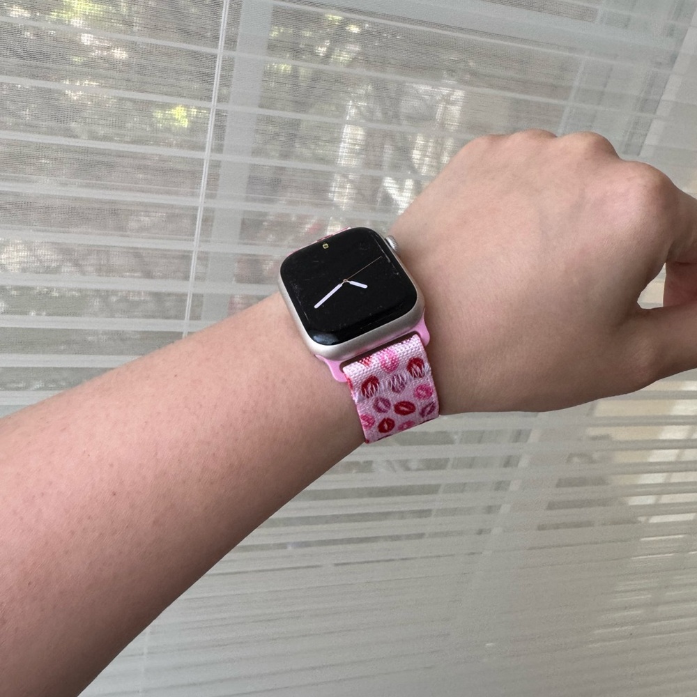 Pink Kiss-Print Apple Watch Band - Adjustable on a Magnetic Clasp - Picture 3 of 15